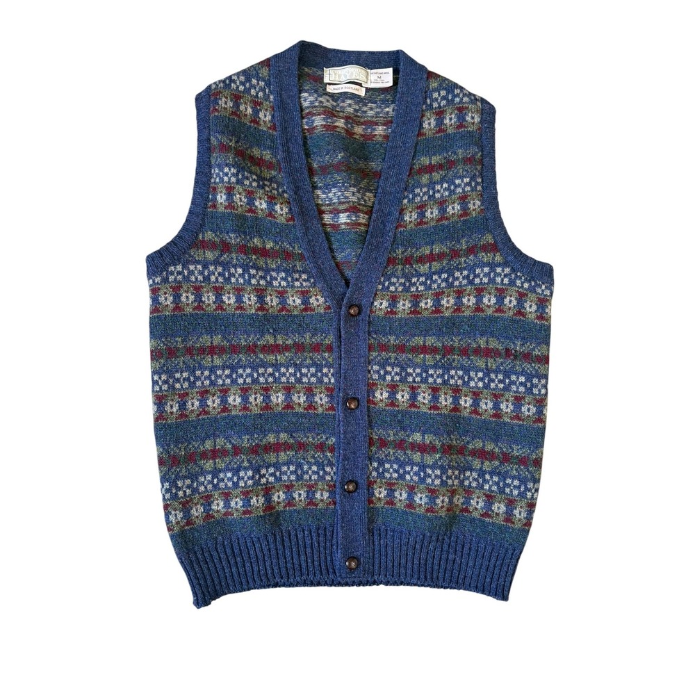 Vintage Shetland Wool Faire Isle Sweater Cardigan Vest Scotland Preppy Winter
